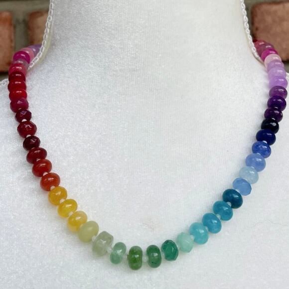 NWT, Artisan Ombre Rainbow Gemstone Necklace, Gold Tone Magnetic Clasp, 18.5" - Picture 1 of 6